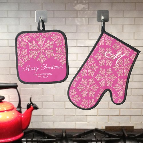 Snowflake Berry Bling Monogrammed Christmas Oven Mitt  Pot Holder Set