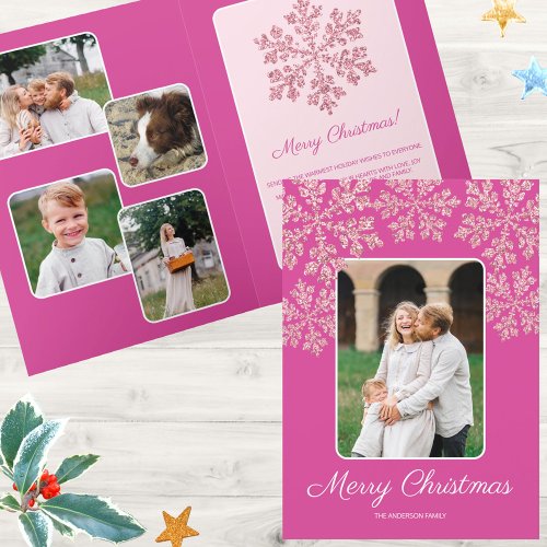 Snowflake Berry Bling Trendy Script Chic 5 Photo Holiday Card