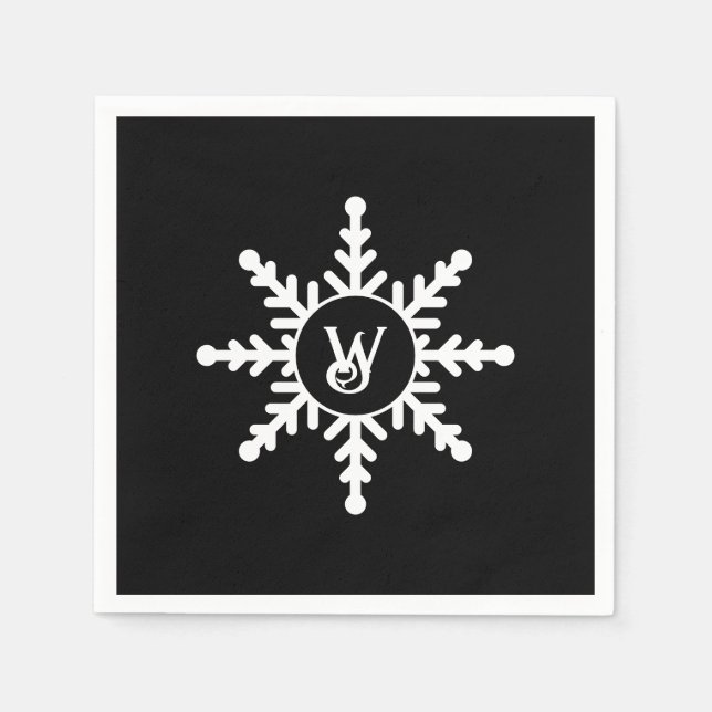 Snowflake Black and White Monogrammed Christmas Napkins (Front)