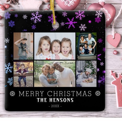 Snowflake Black Christmas Family 6 Photo Collage Ceramic Ornament