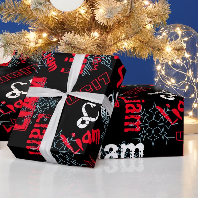 Snowflake Black Gift Wrap Name Changing Red, white (Holidays)