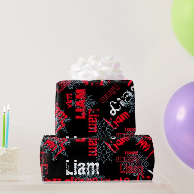 Snowflake Black Gift Wrap Name Changing Red, white (Party Gifts)