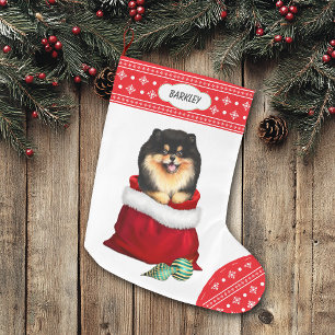 Snowflake Black Tan Pomeranian Gift Surprise Large Christmas Stocking
