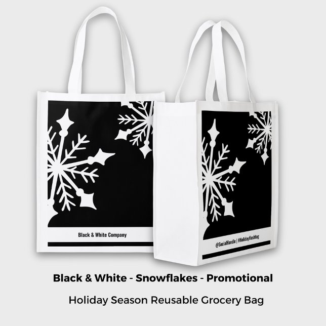 Snowflake Black & White Company Name Social Handle Grocery Bag (Bold Minimalist Snowflake Black & White Company Name Social Handle Grocery Bag, Holiday Season)