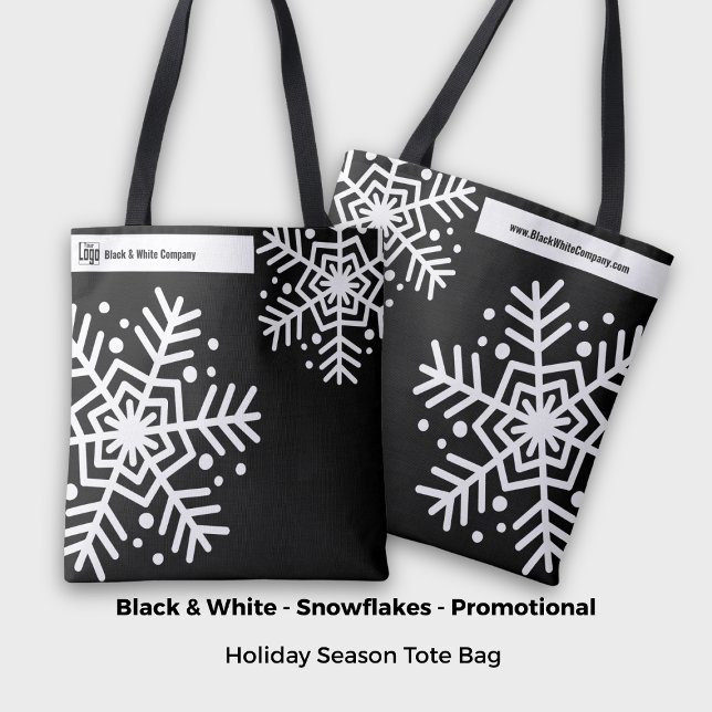 Snowflake Black & White Company Name Website Tote Bag (Minimalist Bold Snowflake Black & White Company Name Website Tote Bag, Holiday Season)