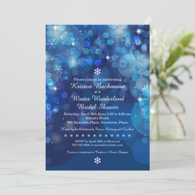 Snowflake Blue Bokeh Winter Bridal Shower Invitation (Standing Front)