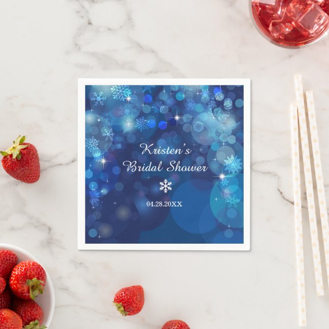 Snowflake Blue Bokeh Winter Bridal Shower Napkins (Insitu)