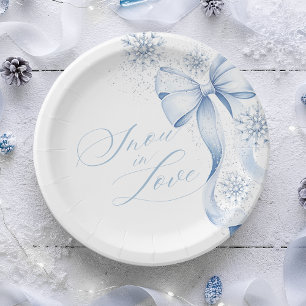 Snowflake Blue Bow Winter Bridal Shower Paper Plat Plates