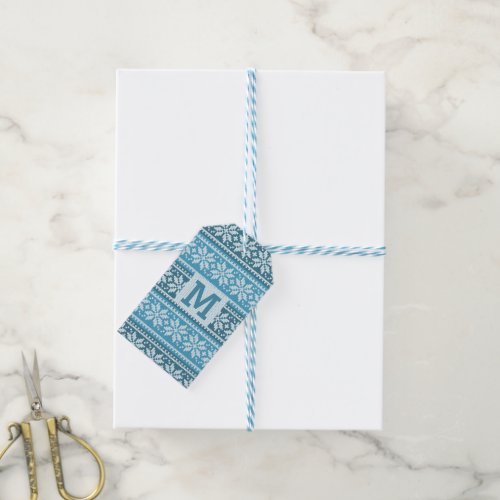 Snowflake Blue Nordic Faux Knit Sweater Monogram Gift Tags