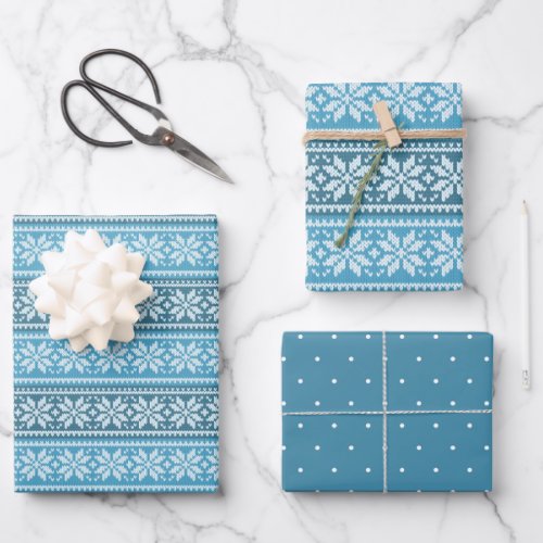 Snowflake Blue Nordic Faux Knit Sweater Wrapping Paper Sheets
