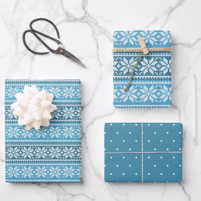 Snowflake Blue Nordic Faux Knit Sweater Wrapping Paper Sheets (Front)