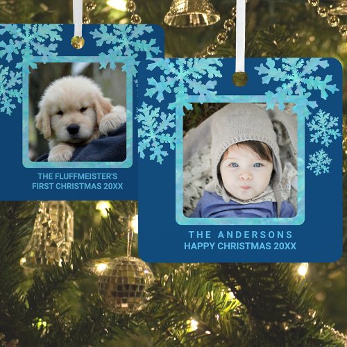 Snowflake Blue Opal 2 Photo Double Sided Cute Metal Ornament
