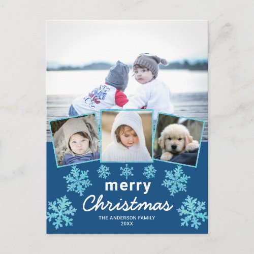 Snowflake Blue Opal 4 Photo Collage Christmas Postcard