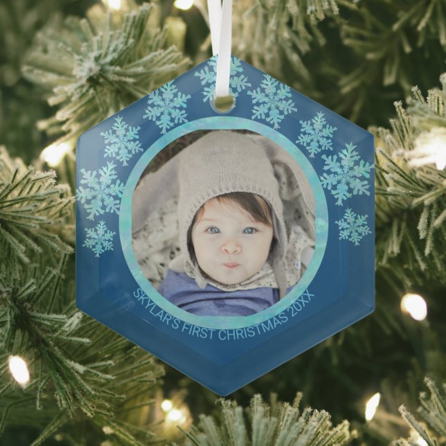 Snowflake Blue Opal Chic Round Photo Christmas Glass Ornament (Insitu)
