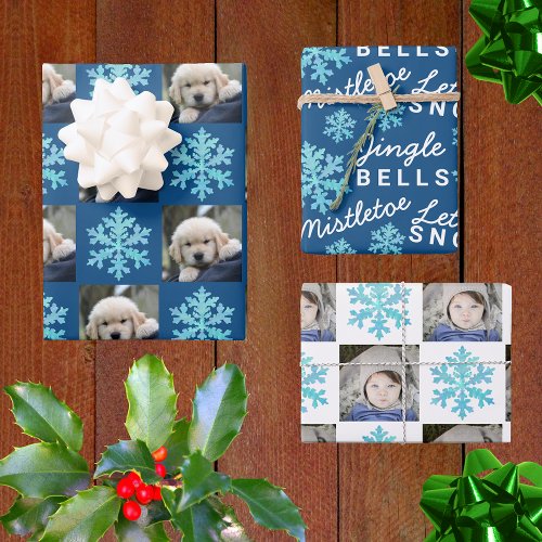 Snowflake Blue Opal Christmas 2 Photo Typography Wrapping Paper Sheets