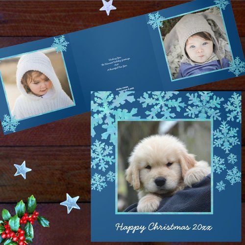 Snowflake Blue Opal Happy Christmas 4 Photo Tri_Fold Holiday Card