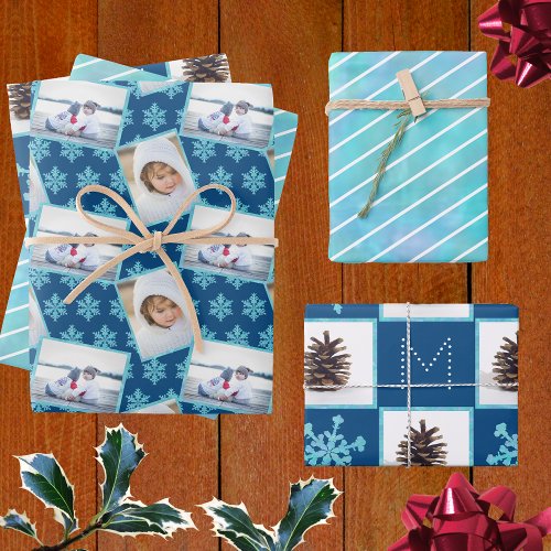Snowflake Blue Opal Pinstripes 3 Photo Christmas Wrapping Paper Sheets