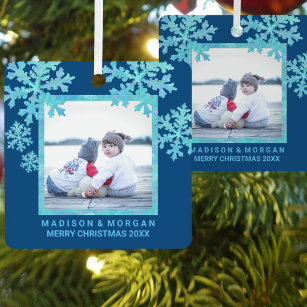 Snowflake Blue Opal Stylish Double Sided Photo Metal Ornament