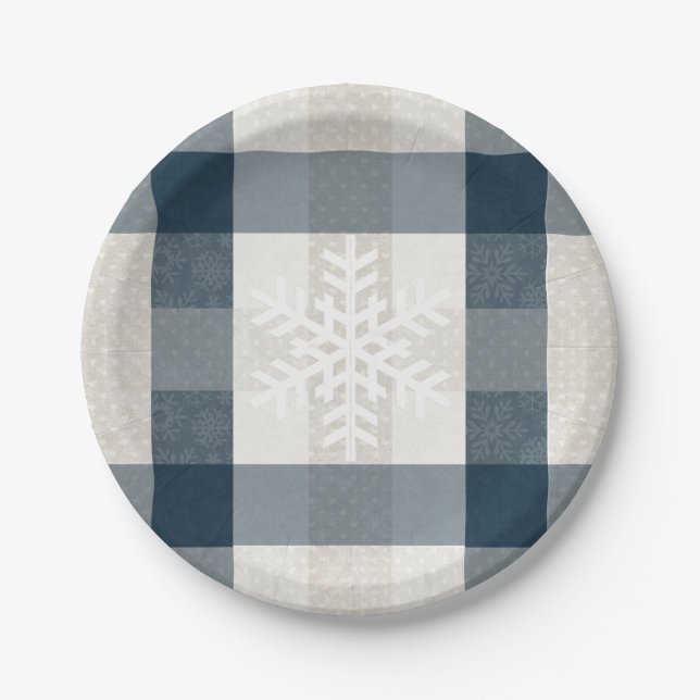Snowflake Blue Plaid Winter Holiday Christmas  Paper Plates (Front)