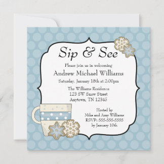 Snowflake Blue Polka Dot Sip and See Invitation