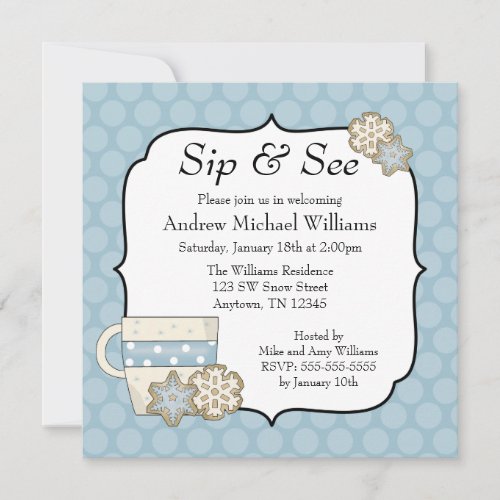 Snowflake Blue Polka Dot Sip and See Invitation