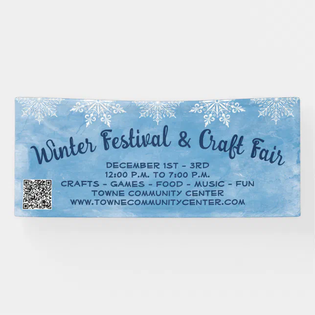 Snowflake Blue QR Code Craft Winter Festival Banner | Zazzle