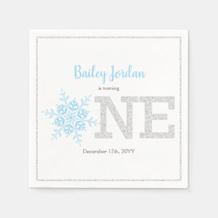 Snowflake Blue & Silver Glitter 1st Birthday Boy Napkins