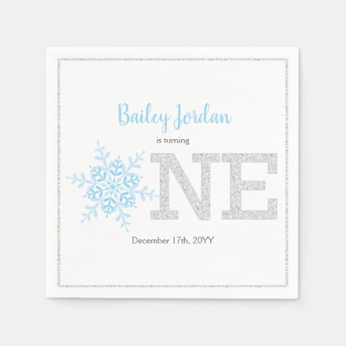 Snowflake Blue  Silver Glitter 1st Birthday Boy Napkins