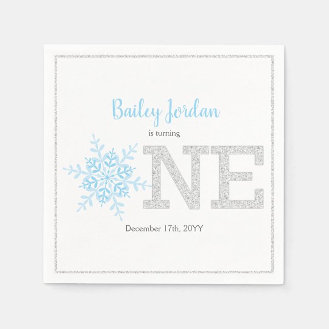Snowflake Blue & Silver Glitter 1st Birthday Boy Napkins (Front)