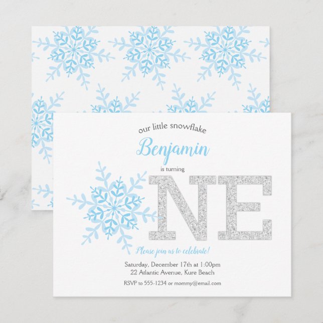 Snowflake Blue Silver Glitter Winter 1st Birthday Invitation (Front/Back)