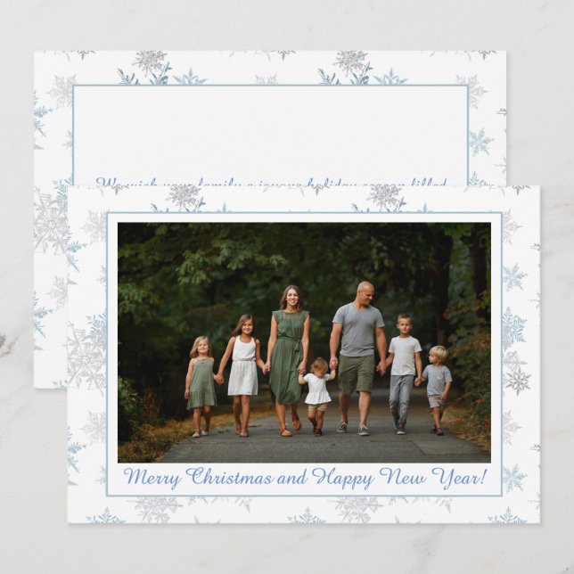 Snowflake Blue Silver Gray Winter Wonderland Photo Holiday Card (Front/Back)