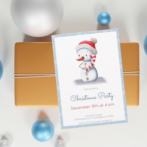 Snowflake Blue Snowman with Candy Cane Christmas Invitation