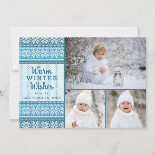 Snowflake Blue Sweater Warm Winter Wishes 3 Photos Holiday Card