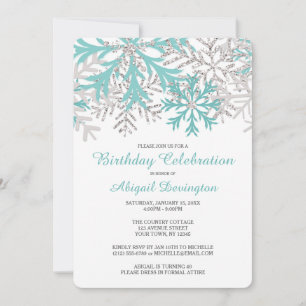Snowflake Blue Teal Silver Winter Birthday Invites