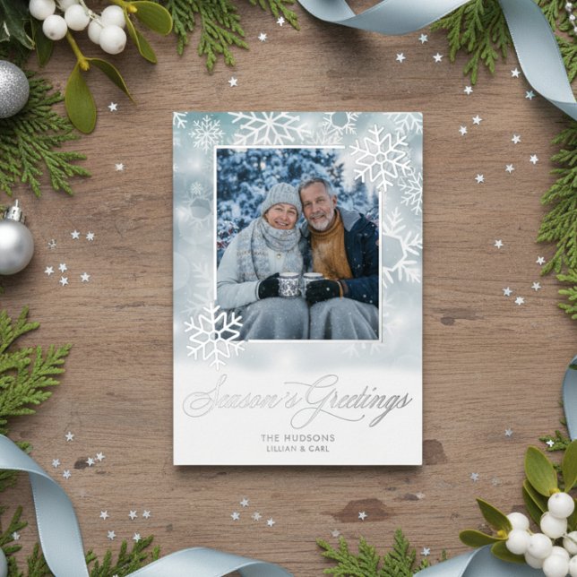 Snowflake Blue & White Photo Season's Greetings Foil Holiday Card (Creator Uploaded)
