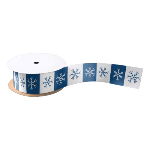 Snowflake Blue White Stripe Christmas Pattern Satin Ribbon