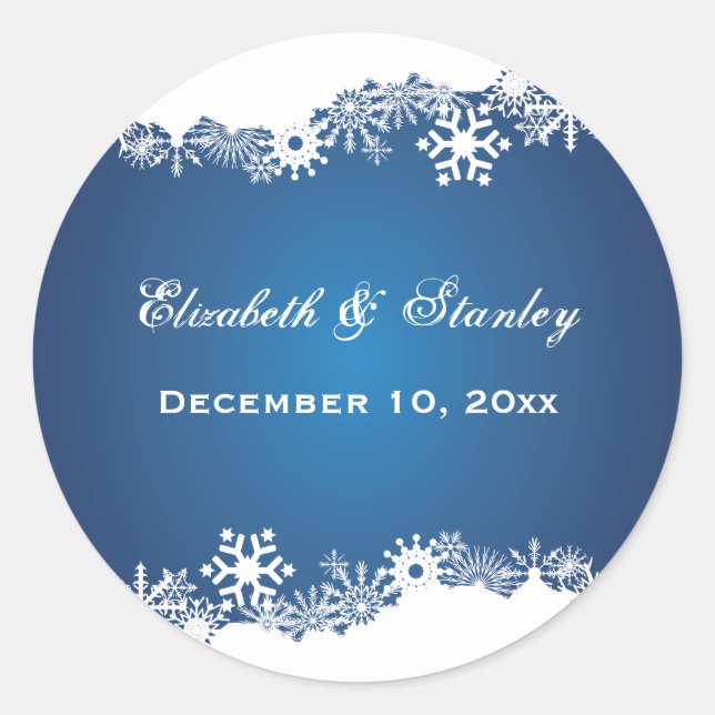 Snowflake blue white winter wedding Save the Date Classic Round Sticker (Front)