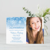 Snowflake Blue White Winter Wonderland Quinceanera Invitation (Standing Front)