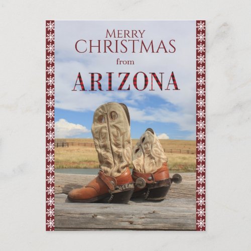 Snowflake Border Arizona Cowboy Boots Christmas Holiday Postcard