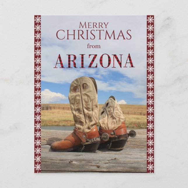 Snowflake Border Arizona Cowboy Boots Christmas Holiday Postcard (Front)