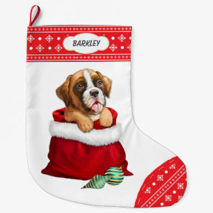 Snowflake Border Boxer Puppy Dog Gift Surprise Large Christmas Stocking