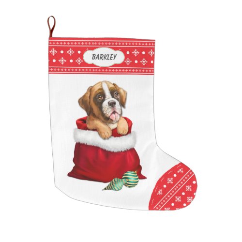 Snowflake Border Boxer Puppy Dog Gift Surprise Large Christmas Stocking