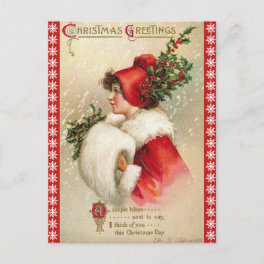 Snowflake Border Christmas Girl in Red Vintage Holiday Postcard