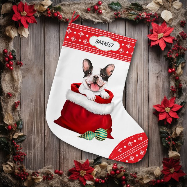 Snowflake Border French Bulldog Gift Surprise Large Christmas Stocking (Creator Uploaded)