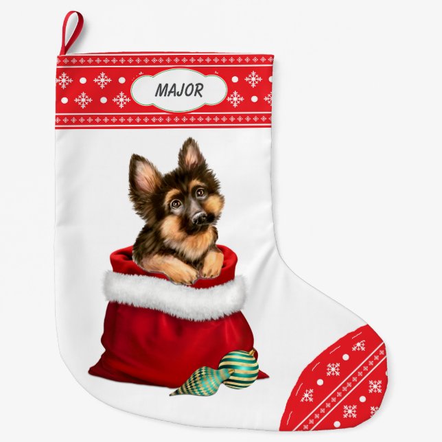 Snowflake Border German Shepherd Dog Gift Surprise Large Christmas Stocking (Front)