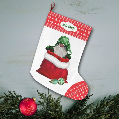 Snowflake Border Gnome Gift Surprise Large Christmas Stocking