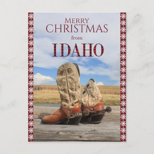 Snowflake Border Idaho Cowboy Boots Christmas Holiday Postcard