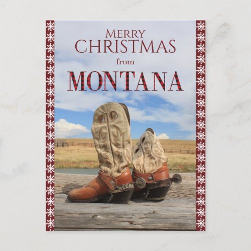 Snowflake Border Montana Cowboy Boots Christmas  Holiday Postcard