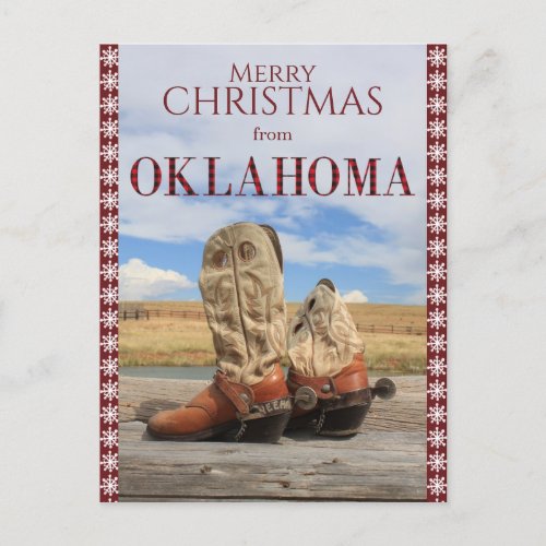 Snowflake Border Oklahoma Cowboy Boots Christmas Holiday Postcard