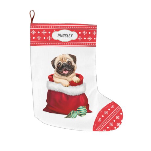 Snowflake Border Pug Gift Surprise Large Christmas Stocking